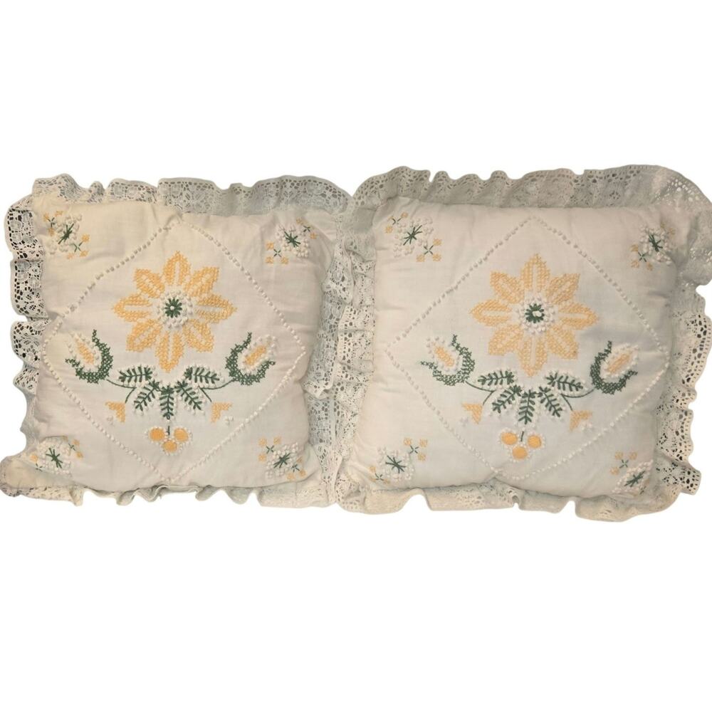 Vintage Cottagecore Granny Embroidered Pillows Square Ruffle Cream 14” Set Of 2